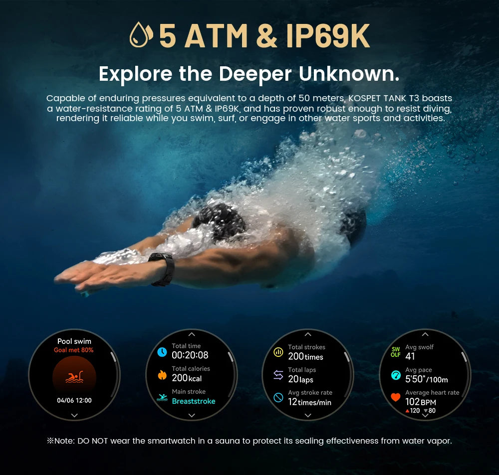 KOSPET TANK T3 Smartwatch – Military Grade, AMOLED Display, 5ATM + IP69K Waterproof