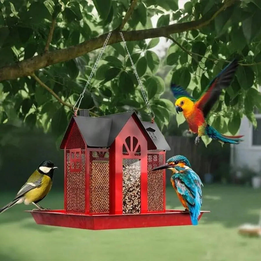 House-Shaped Metal Bird Feeder for Outdoor Hanging Garden Birds