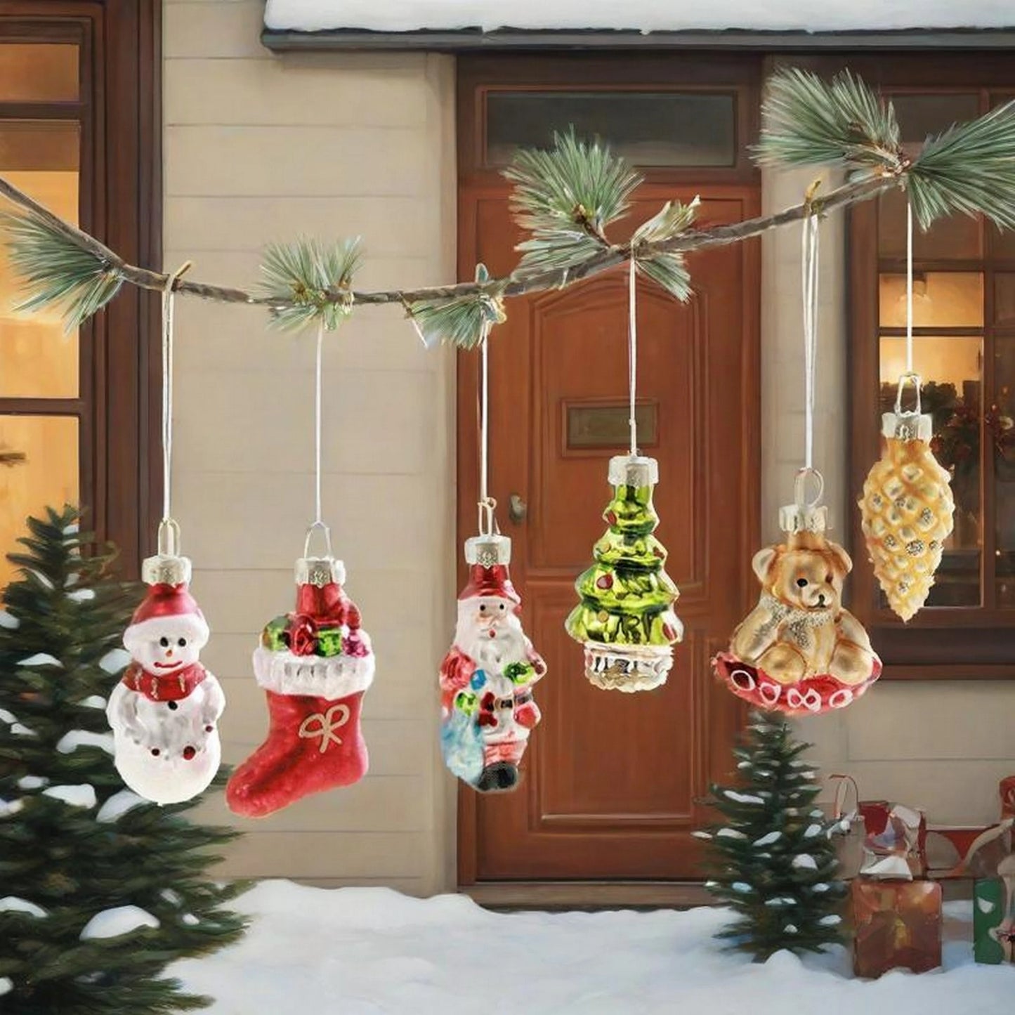 Set of 6 Festive Glass Christmas Tree Ornaments Featuring Adorable Reindeer Penguin and Gingerbread Man Designs