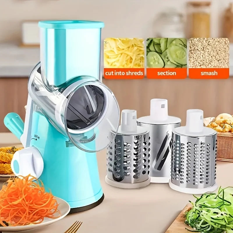 Manual Rotary Vegetable Slicer & Grater – 3-in-1 Drum Design for Fast Shredding, Slicing & Grinding – Multifunction Kitchen Tool
