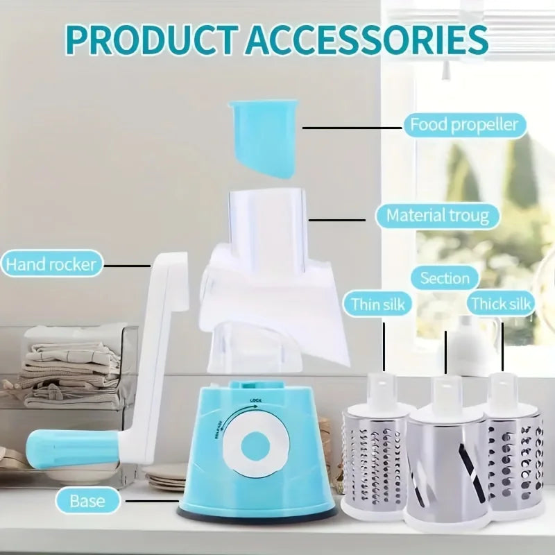Manual Rotary Vegetable Slicer & Grater – 3-in-1 Drum Design for Fast Shredding, Slicing & Grinding – Multifunction Kitchen Tool