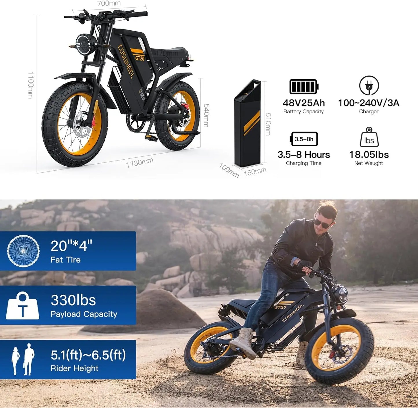 COSWHEEL GT20 PRO Dual Motor Electric Bike – 3000W, 40Ah Battery, 31MPH Fat Tire Off-Road E-Bike