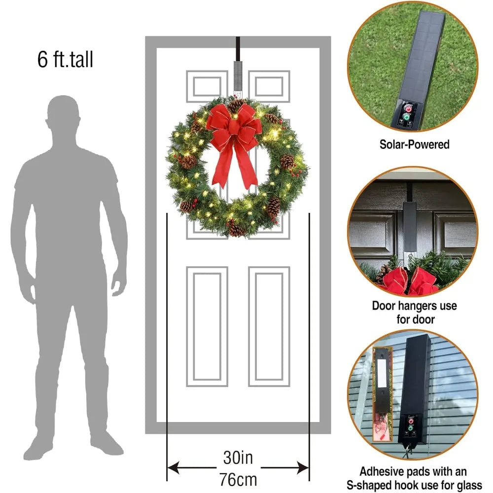 Pre-Lit Artificial 70 LED Solar Christmas Wreath, 30 Inch Outdoor Door Window Decor with Frosted Branches