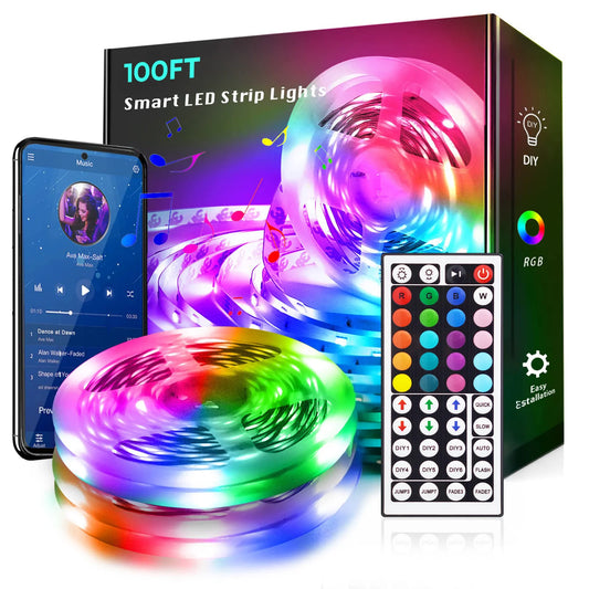 100ft led Strip Lights  Tape Lights with Remote Bluetooth Smart App 5050 RGB Color Changing Strip Lighting