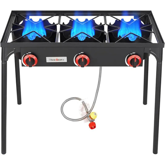 3 Burner High Pressure Propane Camping Stove, 105,000 BTU Outdoor Gas Stove with Cast Iron Burners, Portable 28-Inch Stove for Camping, Backyard & Outdoor Cooking