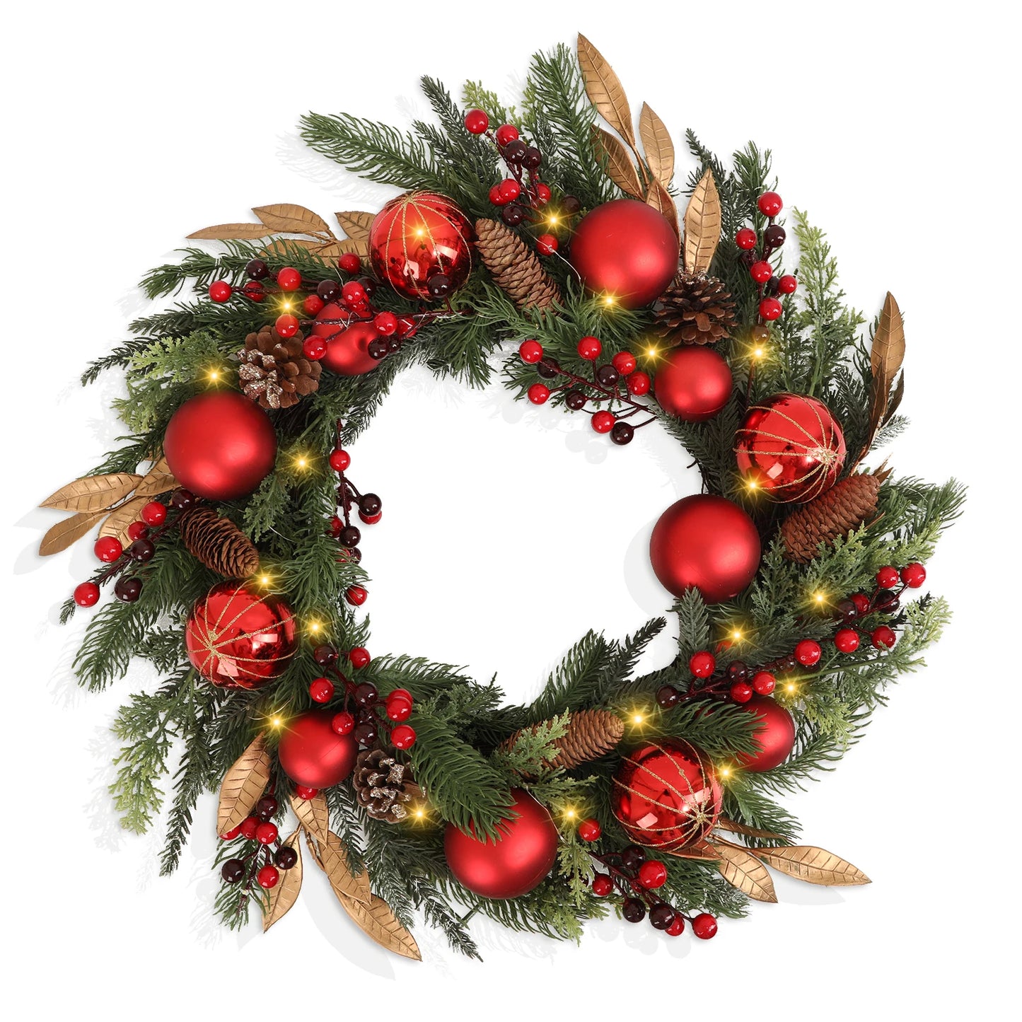 Battery Operated Christmas Wreath 24 Inch  No Cords Needed  50 LED Lights & Shatterproof Berry/Ball Decor, Perfect for Outdoor F