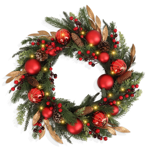 Battery Operated Christmas Wreath 24 Inch  No Cords Needed  50 LED Lights & Shatterproof Berry/Ball Decor, Perfect for Outdoor F