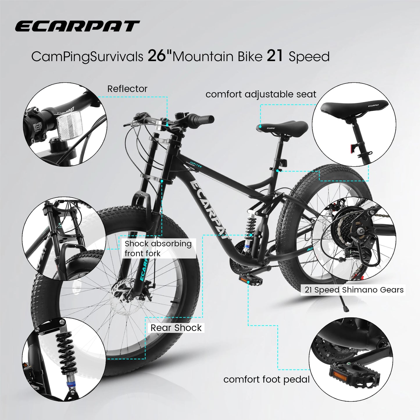 26 inch Mountain Bike, Full-Suspension 21 Speeds Drivetrain with Disc-Brake MTB Bicycle, 26*4" Fat tire Bike for Men or Women.