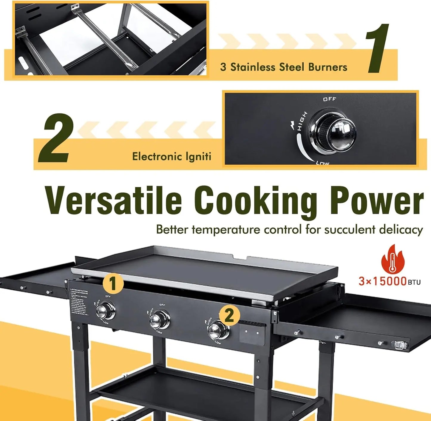 Foldable Flat Top Grill with 3 Burners and Dual Folding Shelves – 36" Outdoor Propane Griddle – 45,000 BTU High-Performance BBQ Grill