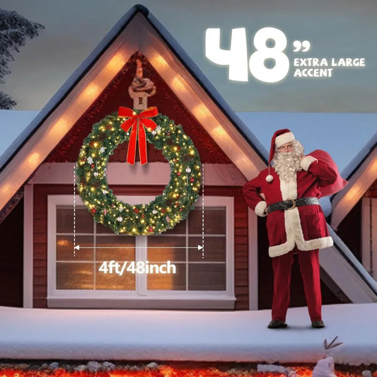 Outdoor Pre-lit Artificial Christmas Wreath, 48 Inch with 150 LED Lights and 450 PVC Branches, Durable Holiday Decorations