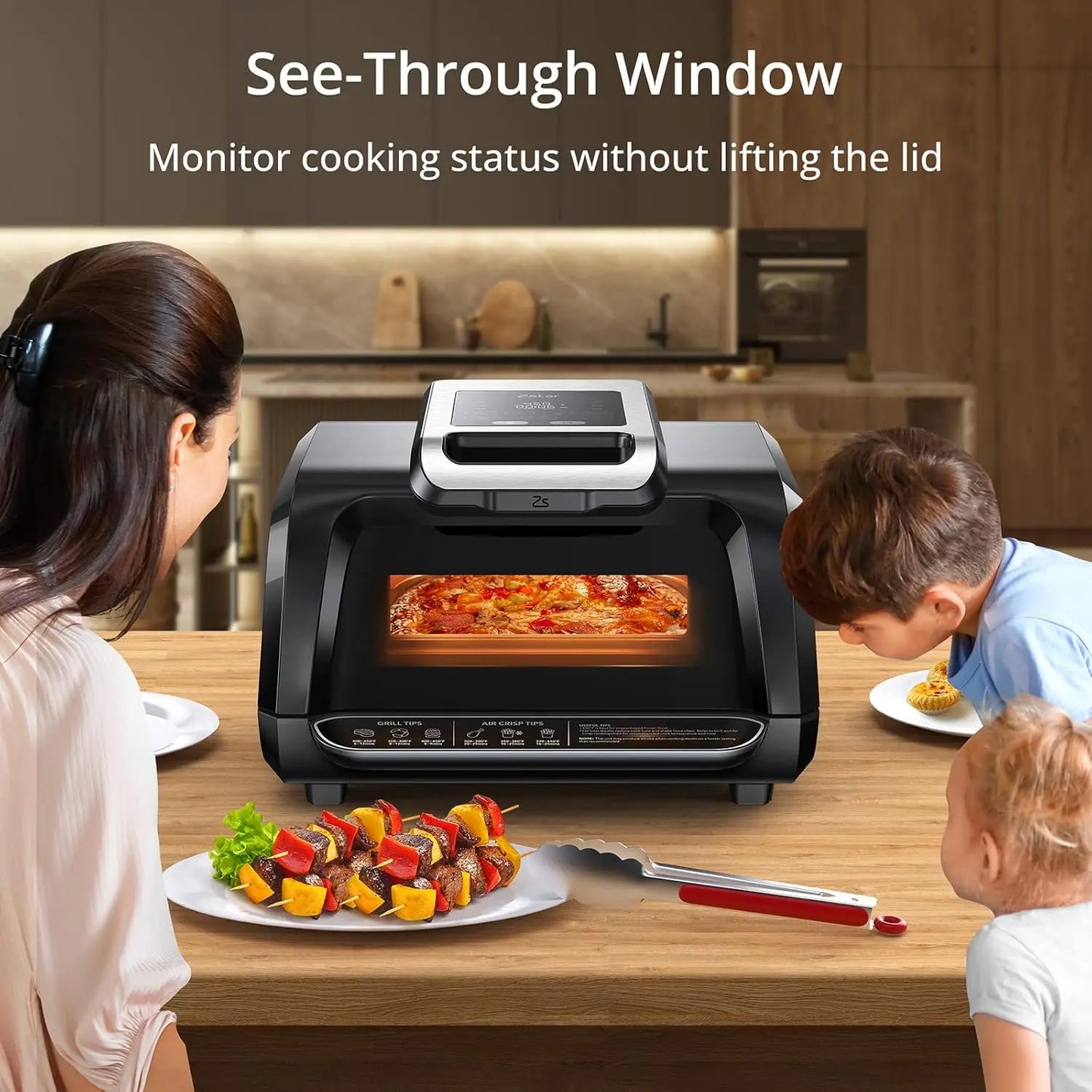 7-in-1 Smokeless Indoor Electric Air Grill Fryer Combo with See-Through Window Removable Plates,up to 450°F,1750W,Even Heat,4Qt