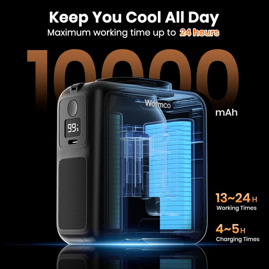 Warmco Portable Waist Fan 10000mAh Rechargeable 4-Speed Belt Clip-On Personal Neck Fan with Flashlight & Power Bank