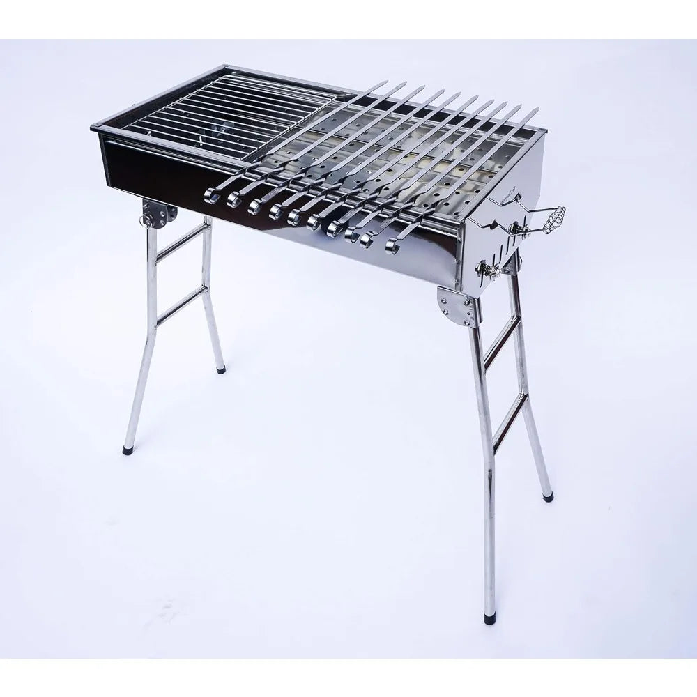 Stainless Steel Charcoal Grill Mangal with 10 Skewers – Foldable Shish Kabab BBQ Barbecue Shashlik Set