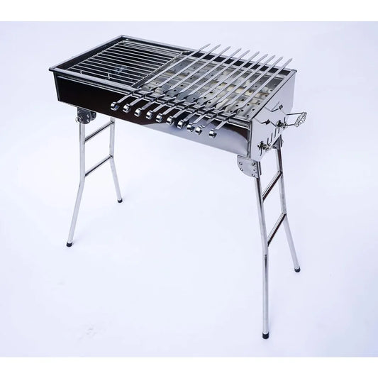 Stainless Steel Charcoal Grill Mangal with 10 Skewers – Foldable Shish Kabab BBQ Barbecue Shashlik Set