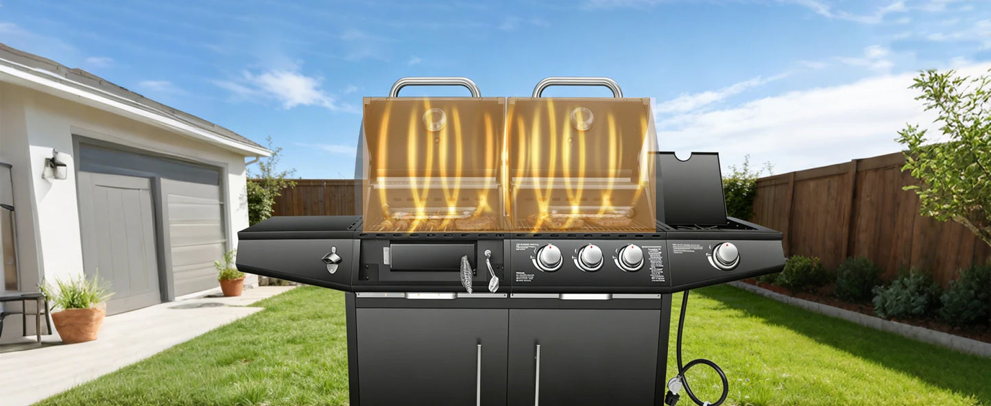 Dual Fuel Gas & Charcoal Grill with Side Burner – 3+1 Burners, 40,000 BTU, 713.5 Sq. In. Cooking Area