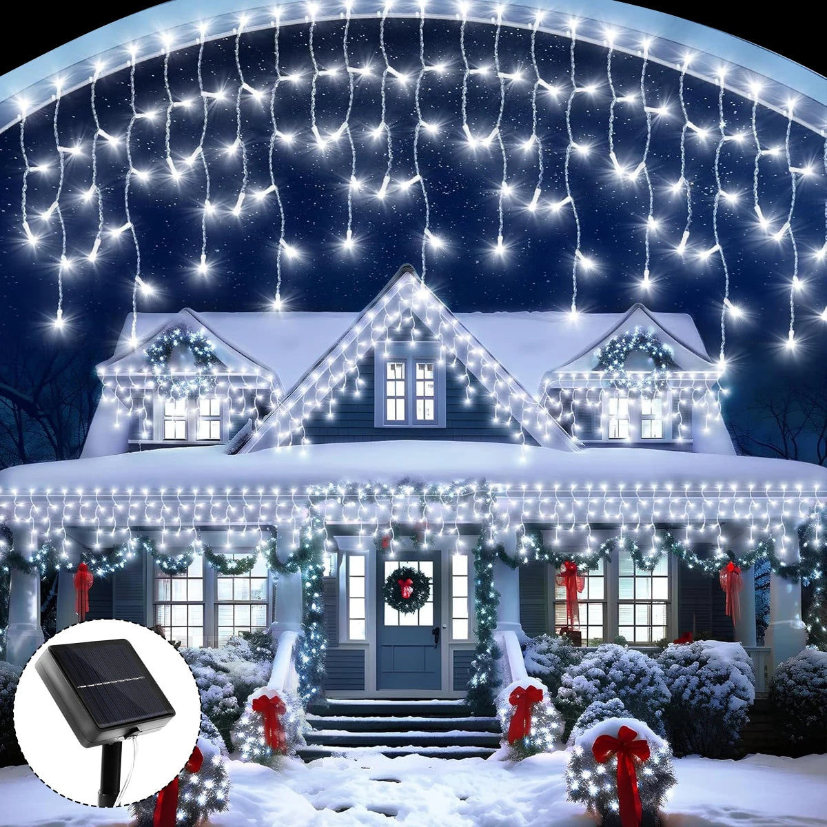 Solar LED Eaves Icicle String Lights 8 Lighting Modes Outdoor Waterproof Christmas Decorations