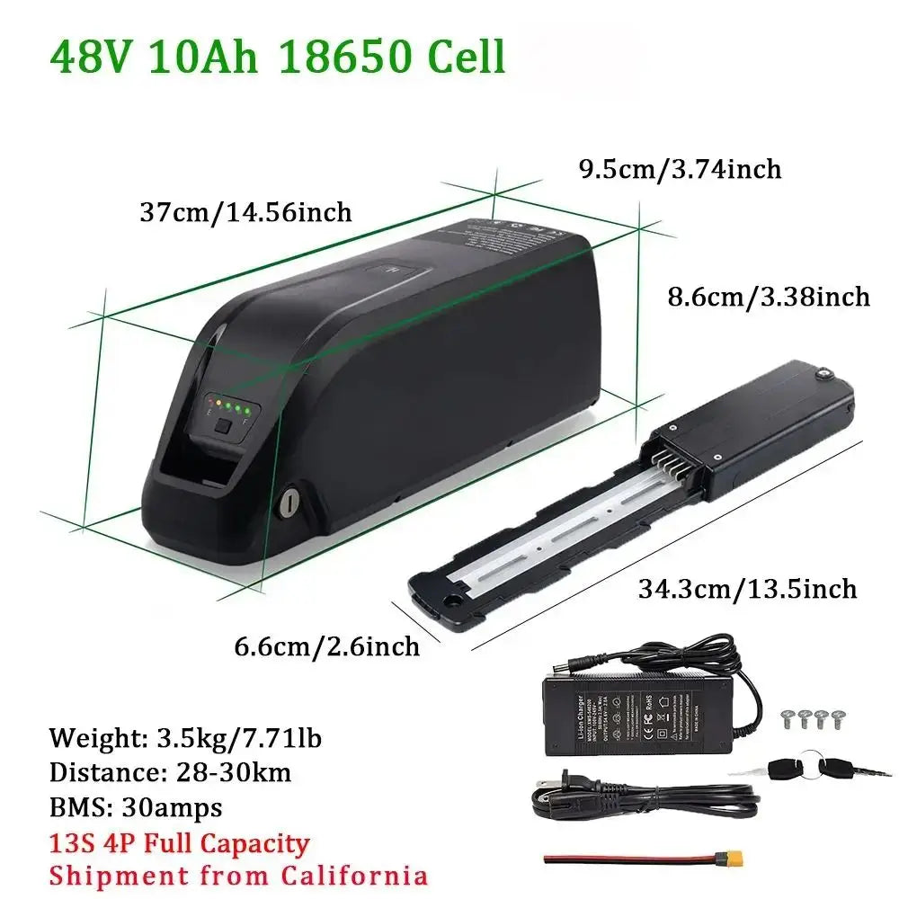 Hailong Ebike Battery Pack – 36V/48V/52V | 10Ah 15Ah 20Ah | Lithium Battery with Charger, BMS, USB Port & Lock – Fits 350W–1500W Motors