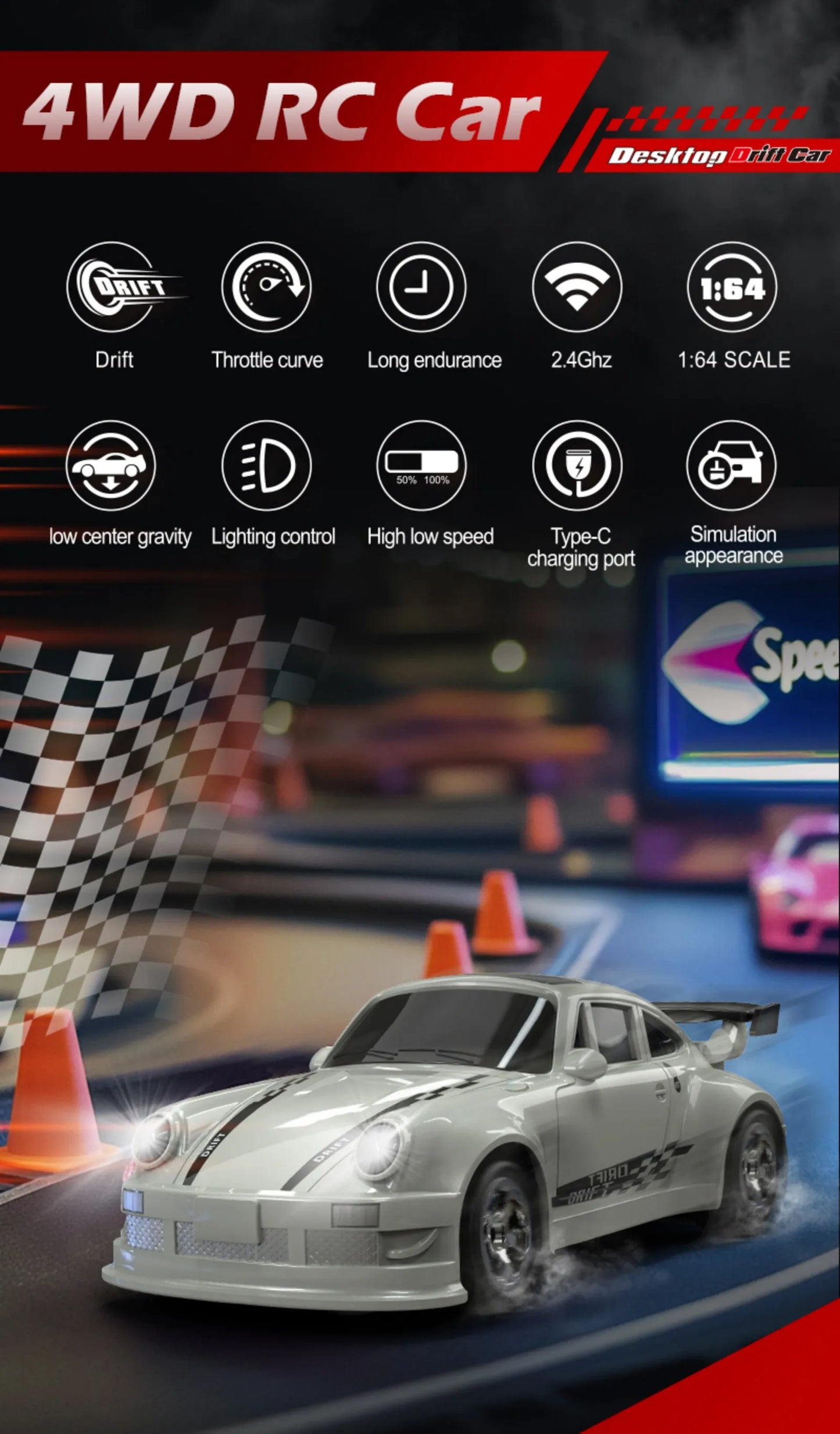 KF20 1:64 Mini Drift RC Car – 4WD Remote Control Racing Car with LED Lights, USB-C Charging, Full Proportional Control Toy for Kids & Adults