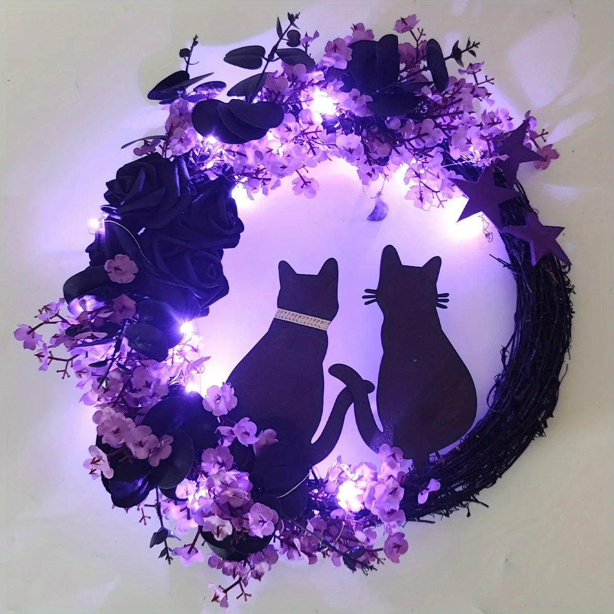 Black Cat Wreath Halloween Decor for Home, Spooky Halloween Decorations Crescent Wreath for Front Door Window Home Holiday Party