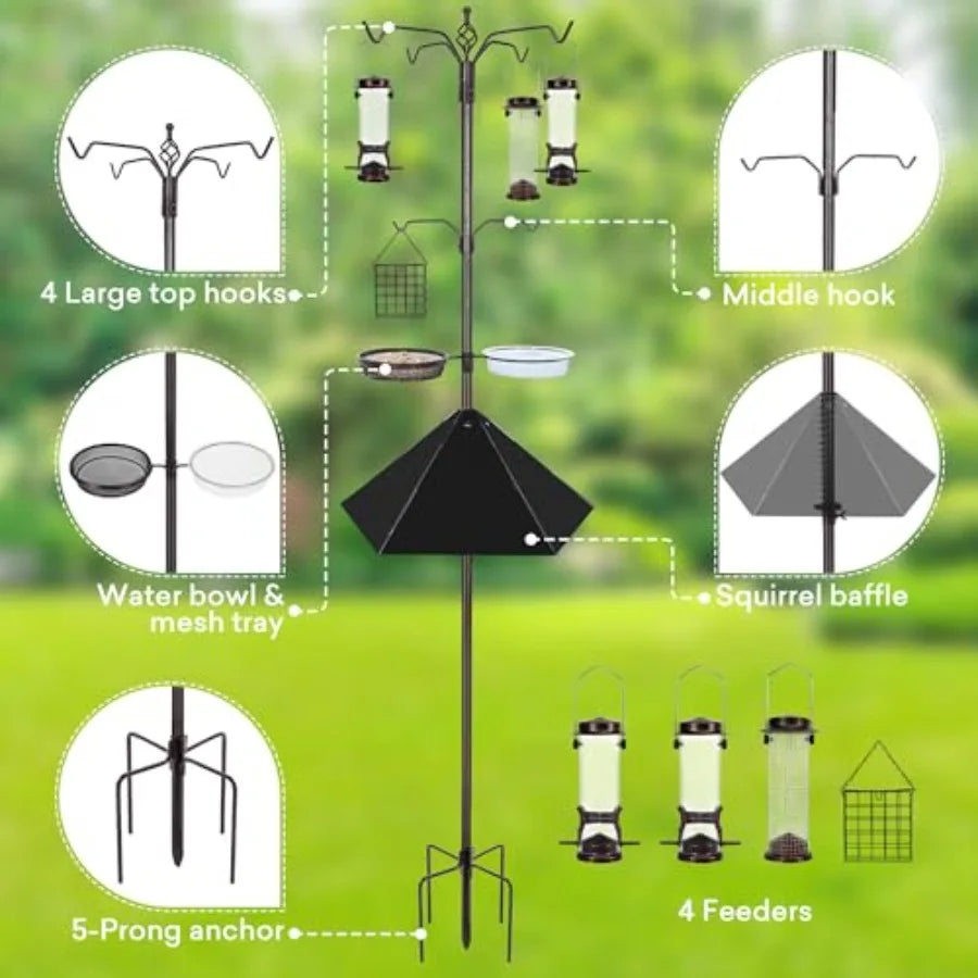 6-Hook Heavy Duty Bird Feeding Station Kit with Multiple Feeders & Water Tray