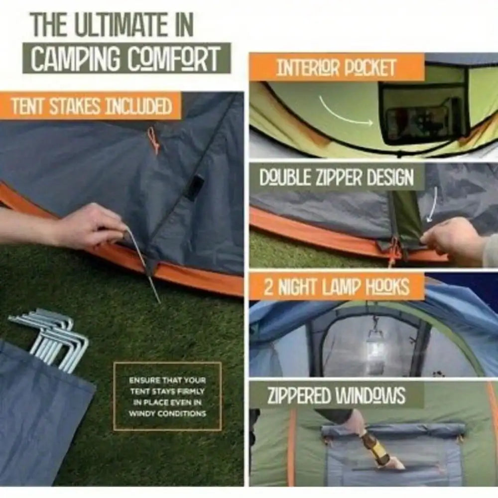 4-Person Easy Pop Up Camping Tent with 2 Doors, Waterproof & UPF50+ UV Protection