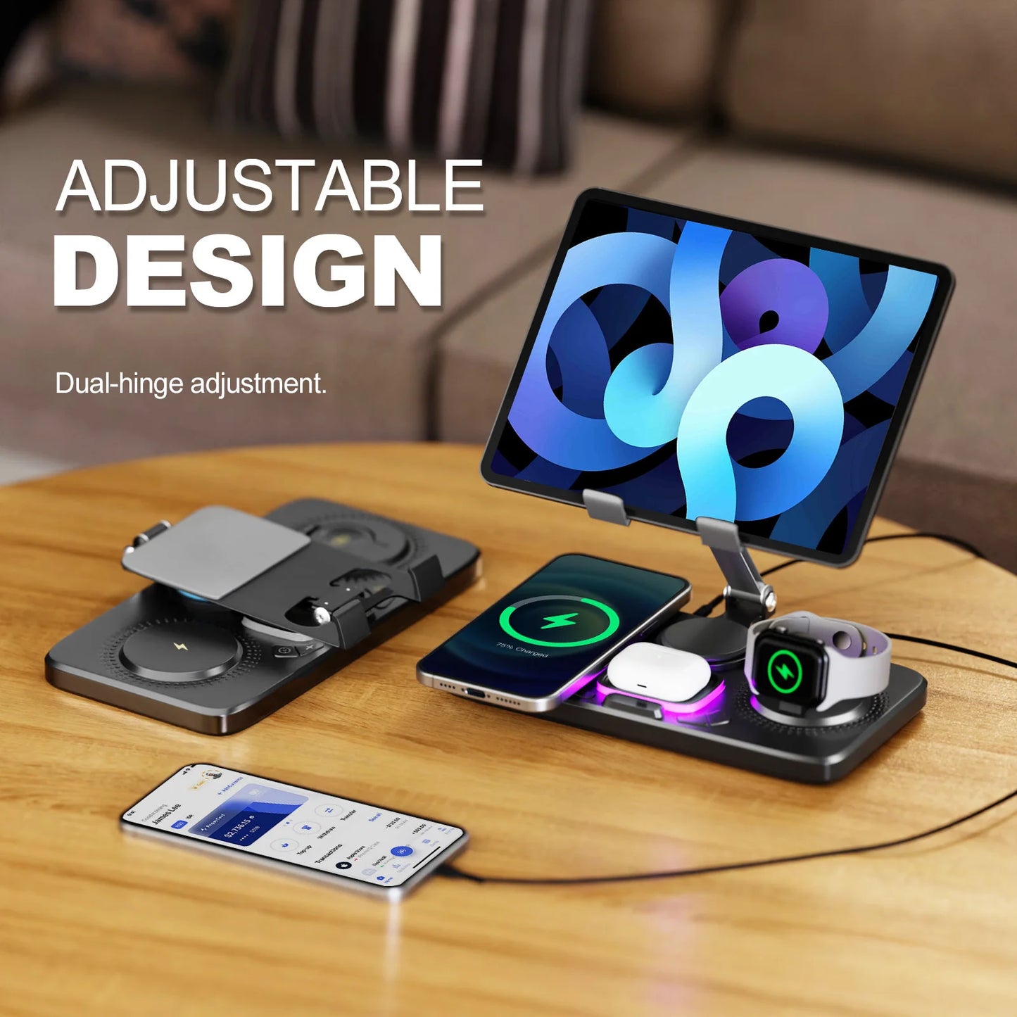7-in-1 Wireless Charging Station with Adjustable Stand, LED Night Light & Clock Display for iPhone, iPad, AirPods & Apple Watch