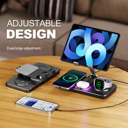 7-in-1 Wireless Charging Station with Adjustable Stand, LED Night Light & Clock Display for iPhone, iPad, AirPods & Apple Watch