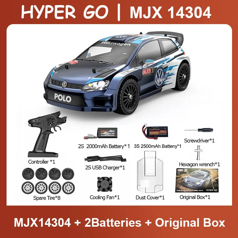 MJX Hyper Go 14304 1:14 Volkswagen Polo R WRC Brushless RC Car – 42KM/H Drift Rally Racer with Gyro, Lights & Metal Chassis