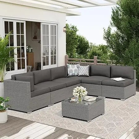 7-Piece Outdoor Patio Furniture Set – Wicker Sectional Sofa with Cushions & Glass Coffee Table