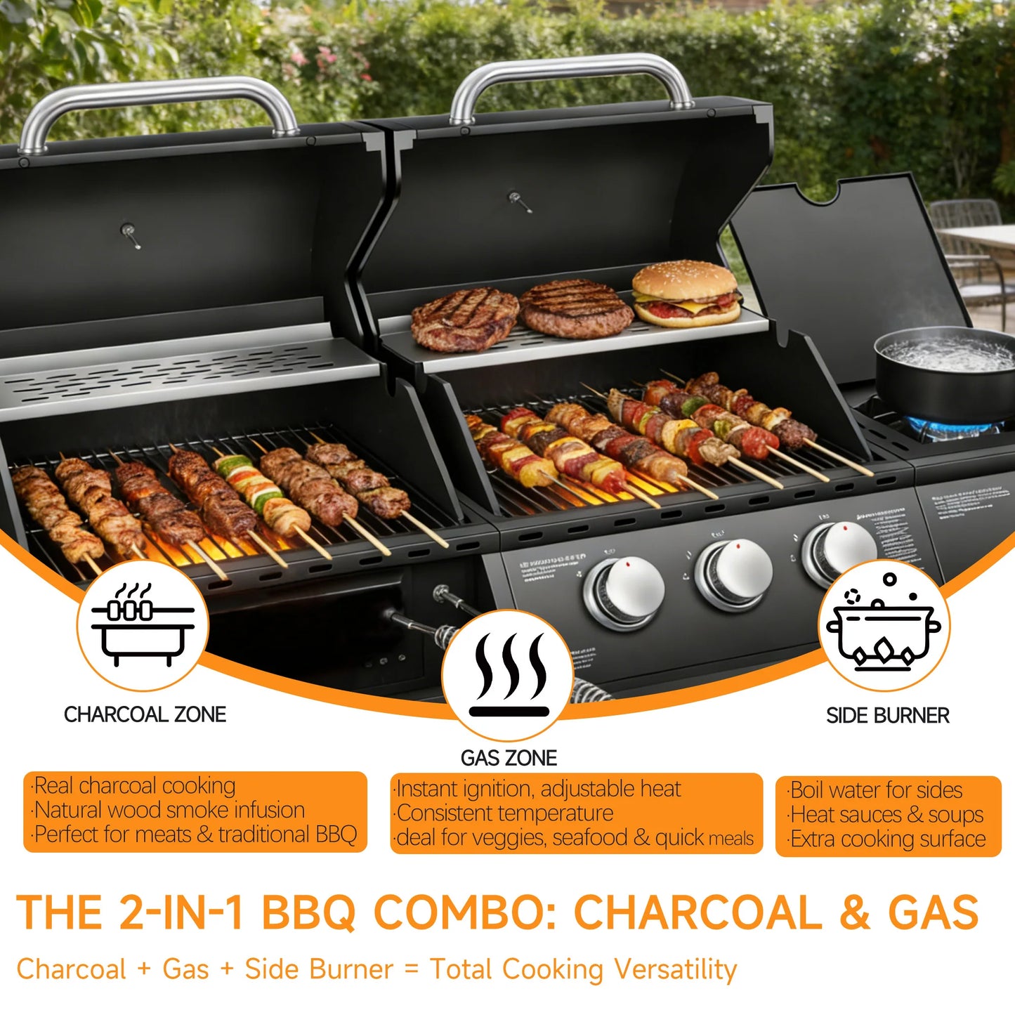 Dual Fuel Gas & Charcoal Grill with Side Burner – 3+1 Burners, 40,000 BTU, 713.5 Sq. In. Cooking Area