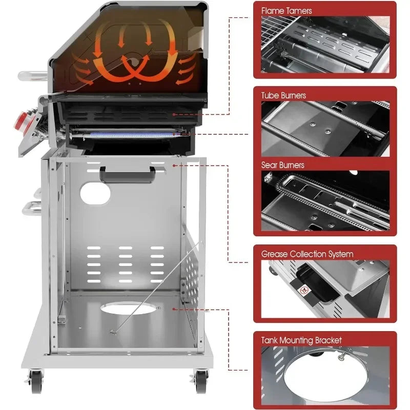 HOT 5-Burner Propane Gas Grill with Side Burner – 64,000 BTU Stainless Steel BBQ Grill (GA5404S)
