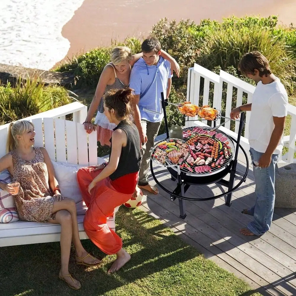 Heavy Duty Cast Iron Charcoal Grill Tabletop BBQ Grill Stove for Camping & Picnics – Adjustable Height & Rotisserie – 33” Round Cooking Area – 108cm Tall