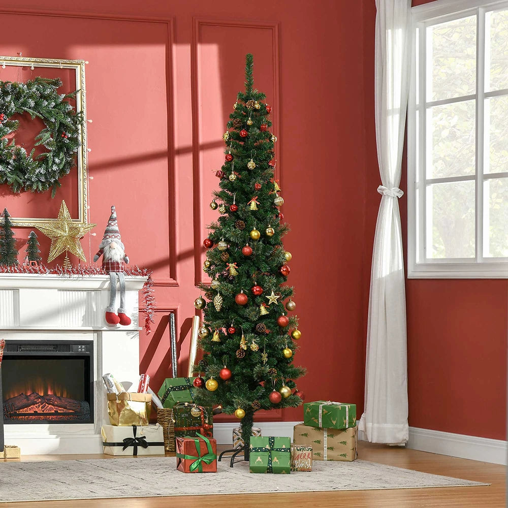 6.5 / 7.5 / 9.5ft Green Slim Pencil Christmas Tree with Realistic Branches, Pine Cones & Metal Base,