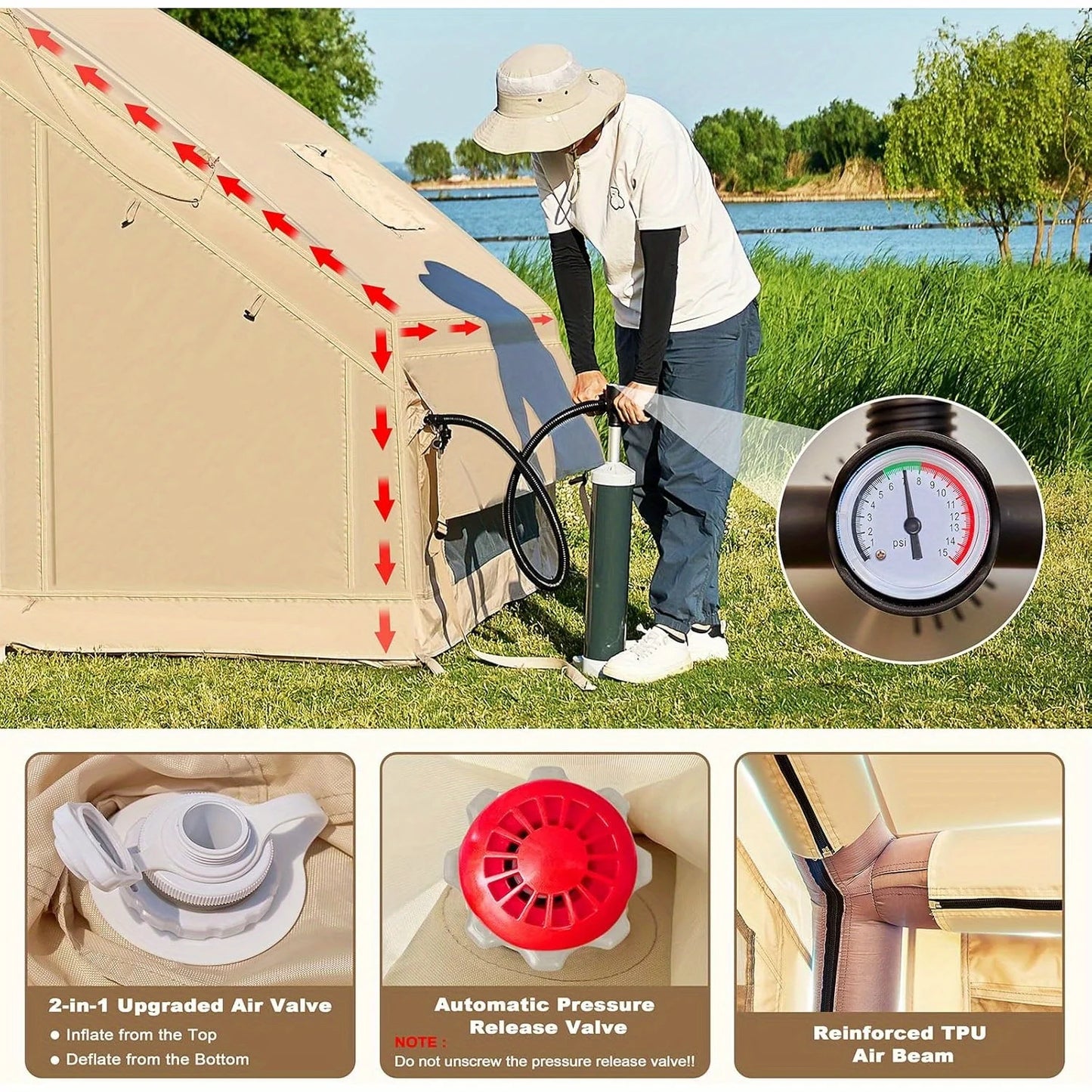 Inflatable Camping Tent for 1-6 People with Skylight, Stove Jack & PU3000 Waterproof Protection