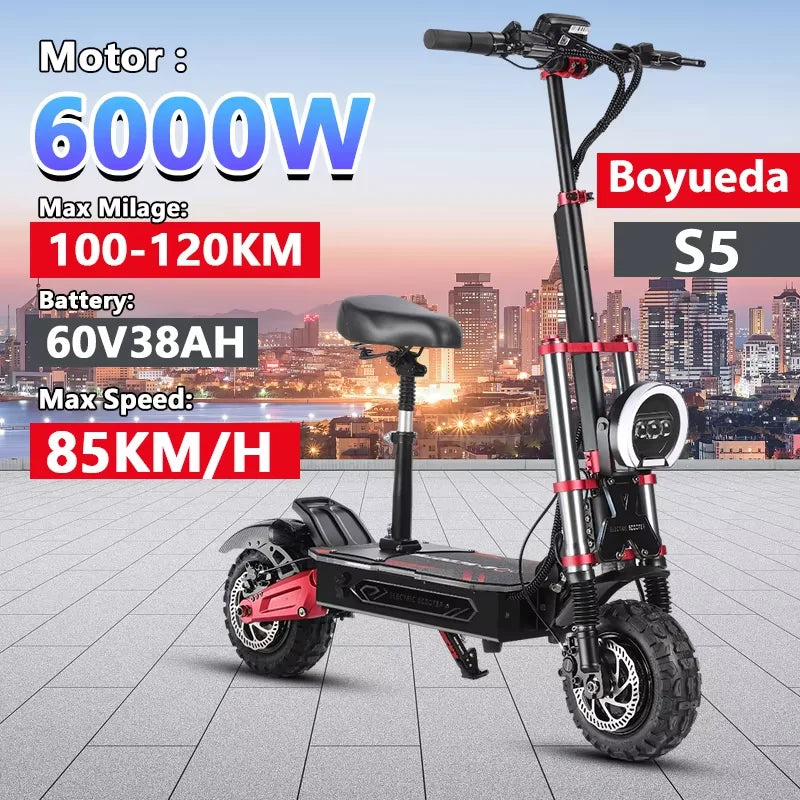 Boyueda S5 Electric Scooter – 6000W Dual Motor, 60V 38Ah Battery, 85 KM/H Max Speed, 120 KM Range, Hydraulic Suspension and Brakes