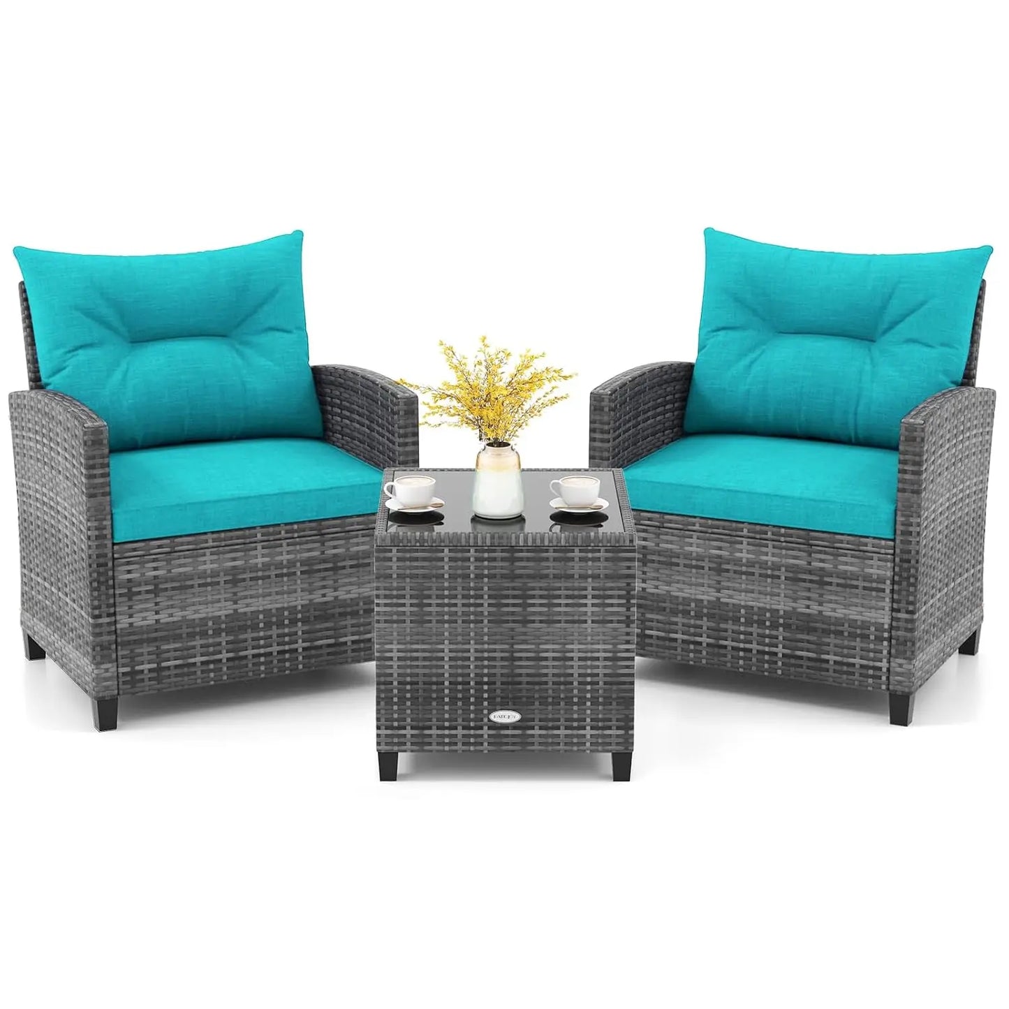 3-Piece Patio Furniture Set Outdoor PE Rattan Conversation Set with Cushions & Glass Table