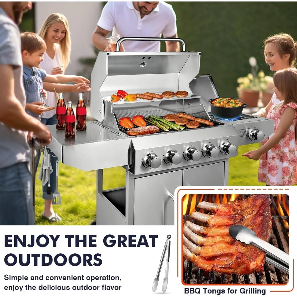 Llamaviva 5 Burner Propane Gas Grill with Side Burner,Stainless Steel BBQ Grill with Porcelain-Enameled Cast Iron Grates