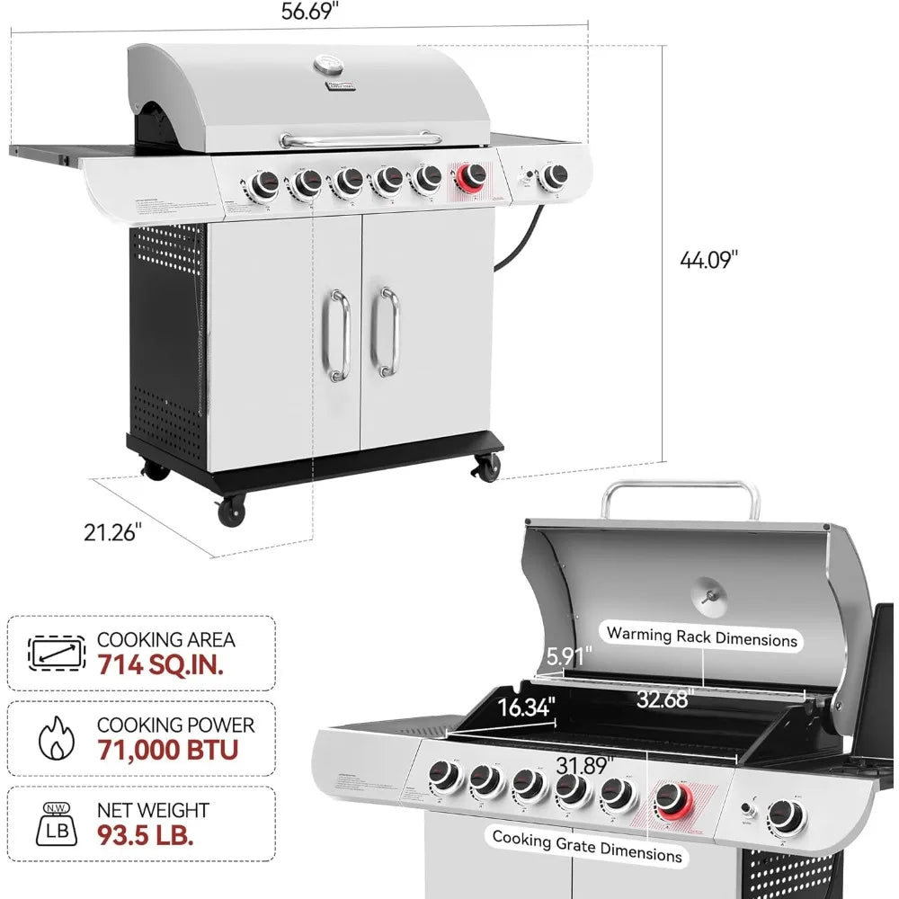 Royal Gourmet SG6002R 6-Burner Propane Grill with Sear Burner and Side Burner, Stainless Steel Cabinet Style Gas Grill