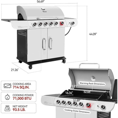 Royal Gourmet SG6002R 6-Burner Propane Grill with Sear Burner and Side Burner, Stainless Steel Cabinet Style Gas Grill