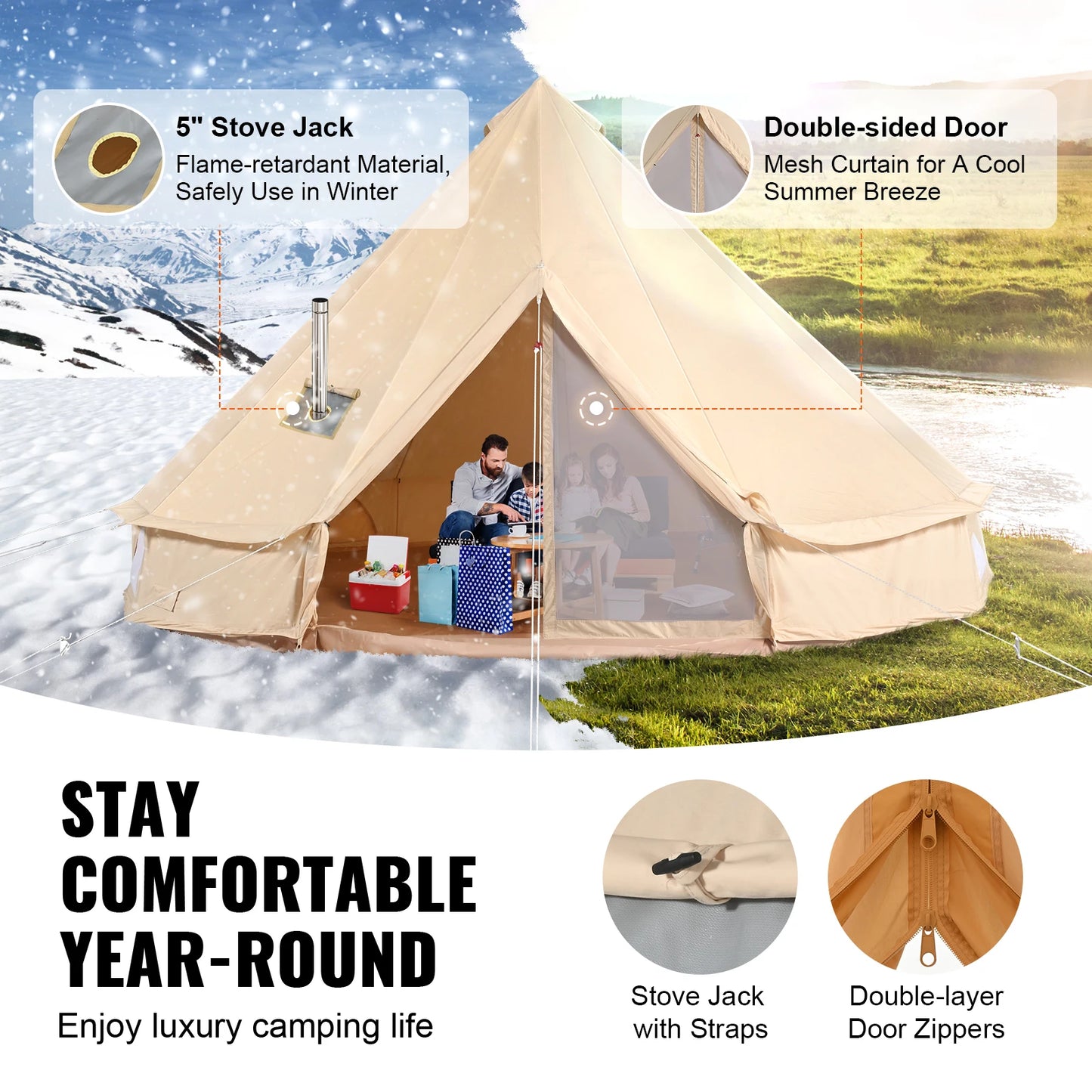 SucceBuy 16.4FT Canvas Bell Tent for Camping – 4 Season Yurt Tent with Stove Jack, Breathable TC Cotton, Sleeps Up to 8 People