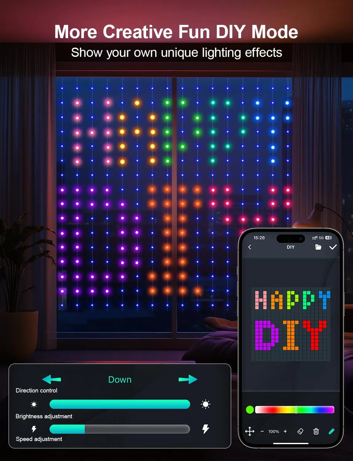 LED RGB Controlled Text Programmable Music Sync Remote Smart App String Fairy Lights Curtain
