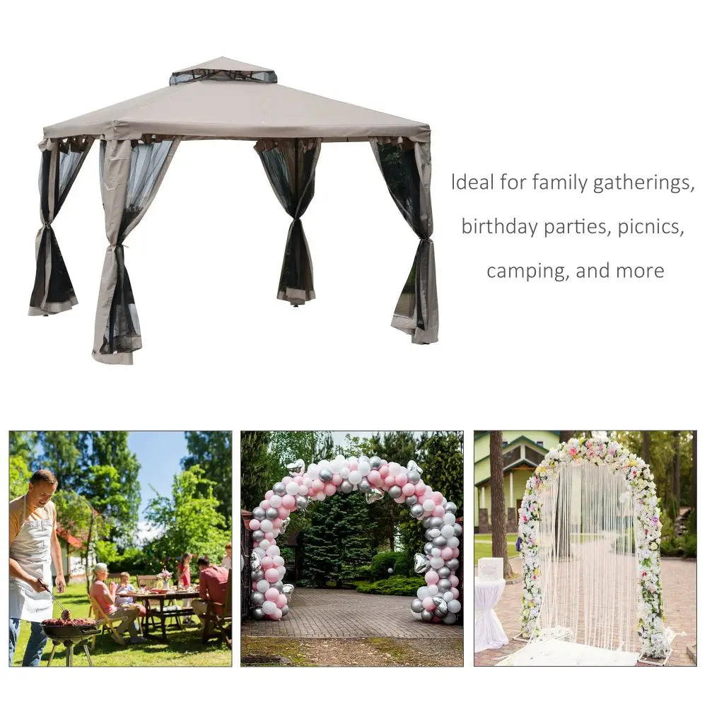 Patio Gazebo, Outdoor Canopy Shelter with 2-Tier Roof and Netting, Steel Frame for Garden, Lawn, Backyard, and Deck, Taupe