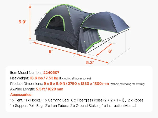 Pickup Truck Bed Tent with Awning – Waterproof Camping Tent for 2–3 Persons
