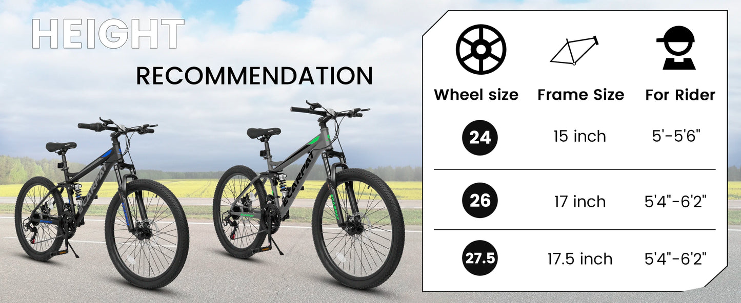 Ecarpat Dual Full Suspension Mountain Bike 24/26/27.5 Inch, Mens Women Teenagers Boy Girl Mountain Bike, 21-Speed Disc Bicycles