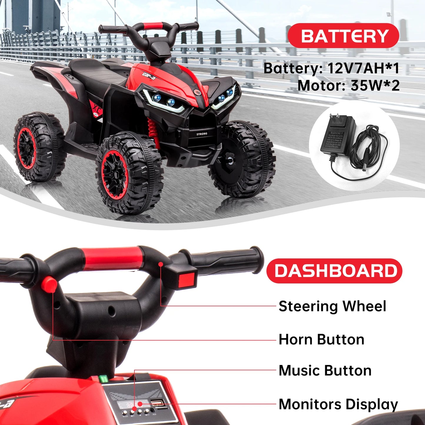 12V Kids Ride-On ATV Quad – Electric Four-Wheeler with Dual Motors, LED Lights, USB Music, and Treaded Tires for Ages 3–6