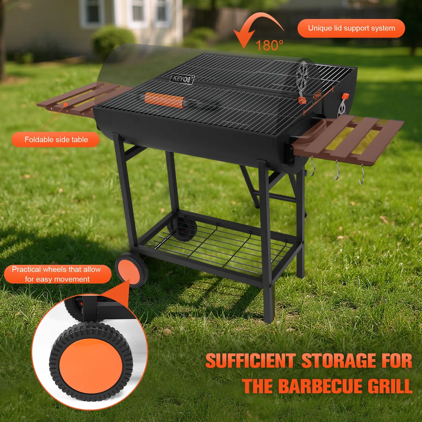 Extra Large Portable Charcoal Grill with 2 Foldable Side Tables Outdoor Barbecue Grill for Backyard Patio Picnic Parties Camping