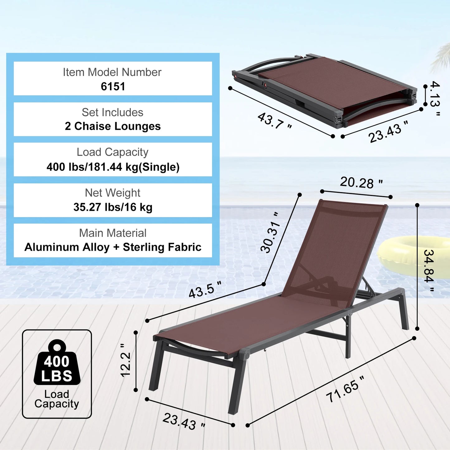 SucceBuy Chaise Lounge Chair Outdoor Aluminum Patio Lounge Folding Pool Lounge Recliner Full Flat