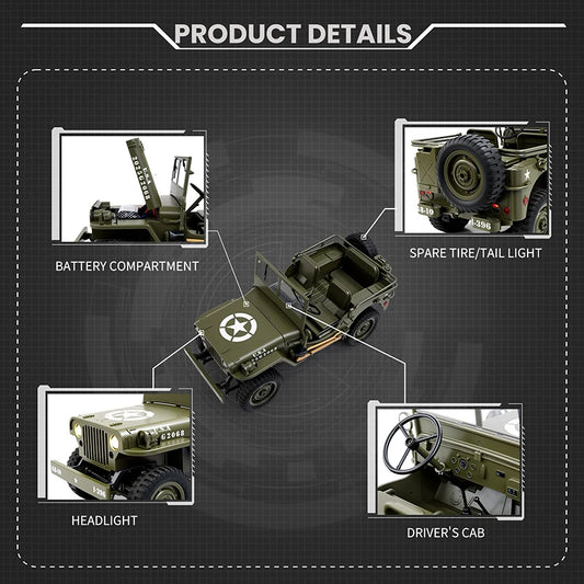 JJRC 1/10 Military RC Car – Full Steering, LED Lights, Metal Build, Off-Road Simulation Vehicle