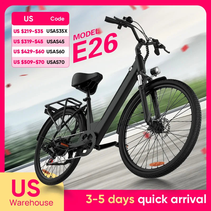 750W E-Bike Commuter 26x2" Tires 48V 10.4Ah Removable LCD Display 20MPH Speed 7-Speeds Hydraulic Disc Brakes for Adults