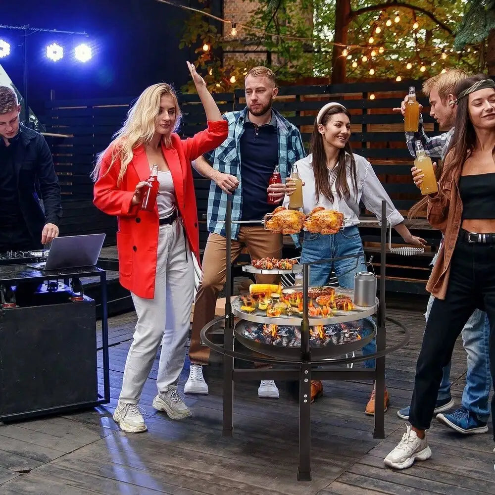 Heavy Duty Cast Iron Charcoal Grill Tabletop BBQ Grill Stove for Camping & Picnics – Adjustable Height & Rotisserie – 33” Round Cooking Area – 108cm Tall